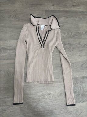 Design History Beige Ribbed Polo Sweater with Black Trim